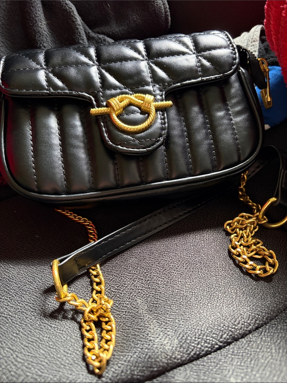Black Quilted Crossbody Bag with Gold Hardware